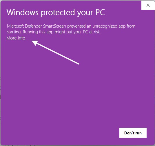 "Windows protected your PC" वाली स्क्रीन — छोटे "More info" लिंक पर क्लिक करें